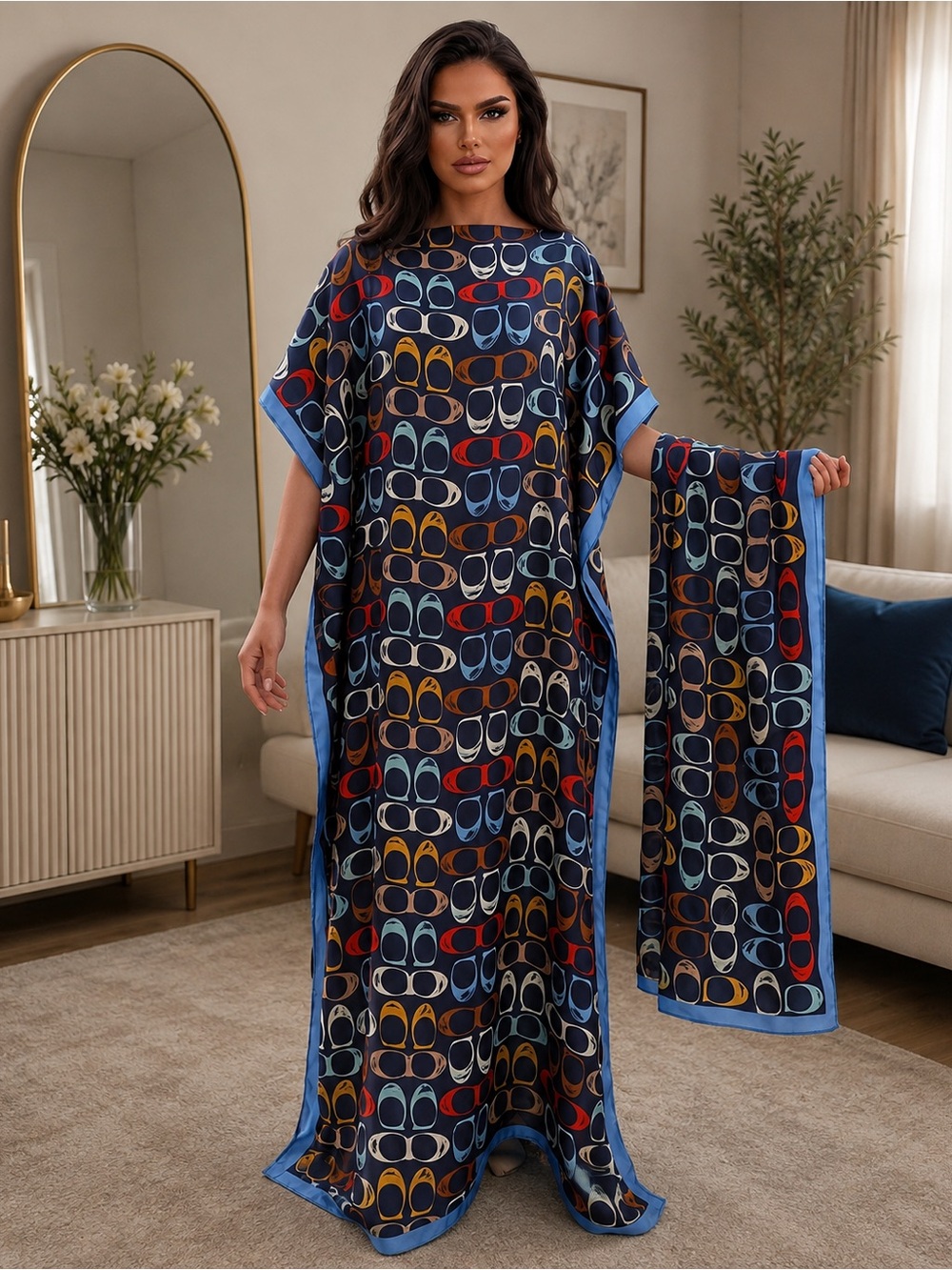 Elegant Navy Geometric Maxi Dress with Contrast Trim